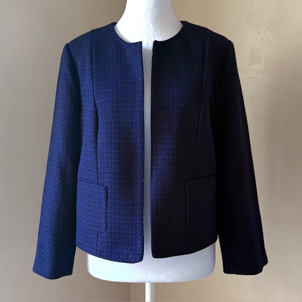Karl Lagerfeld Paris Navy & Black Tweed Collarless Open Front Blazer Jacket M